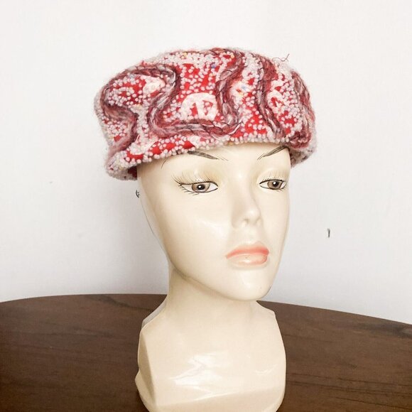 Vintage Evelyn Varon Textured Geometric Print Pill Box Hat